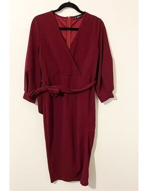 SHEIN Maroon Holiday Red Midi Long Sleeve Wrap Dress Tie Waist Belt Size Large